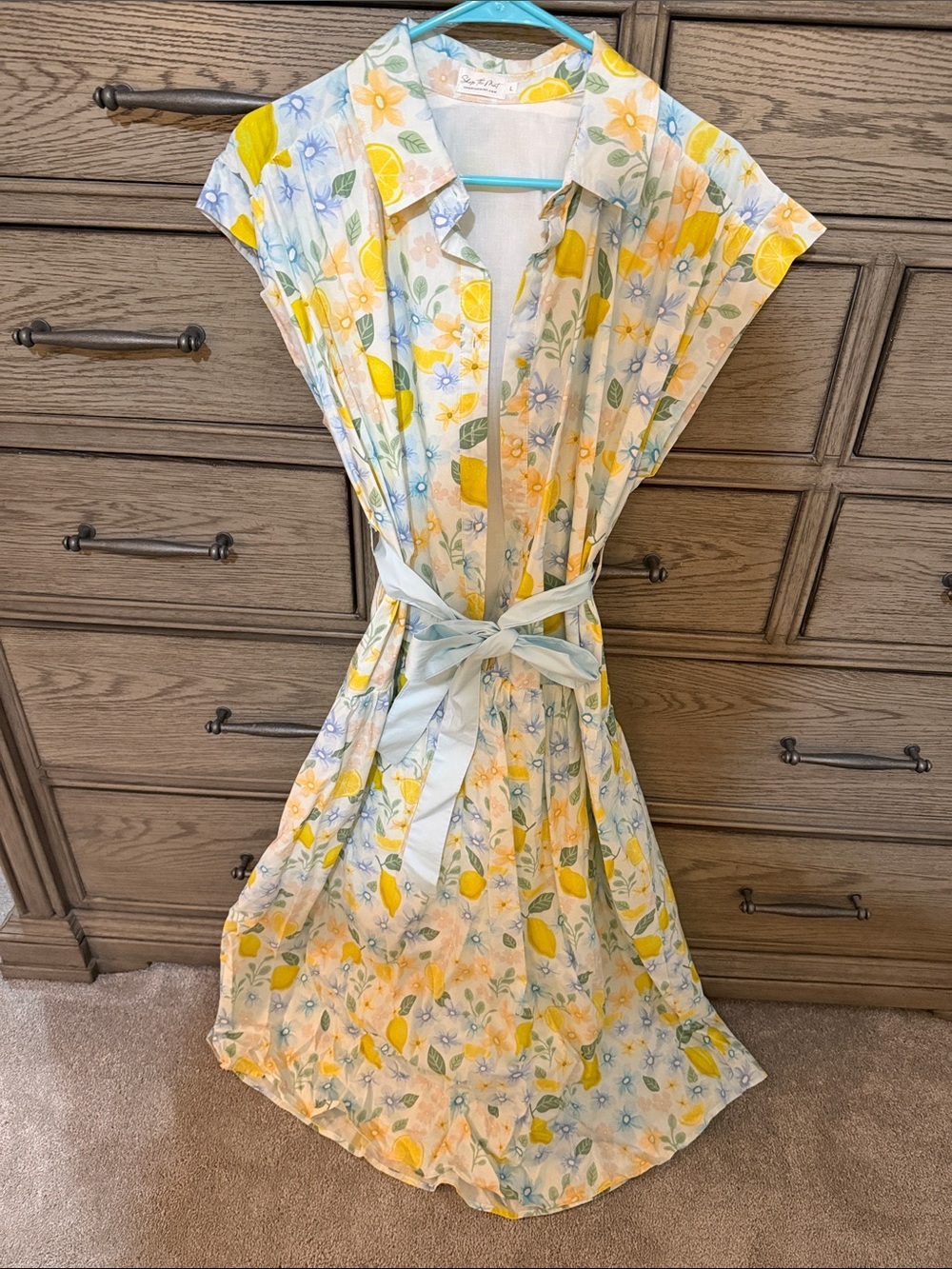 Sleeveless Lemon Floral Shirt Dress with Tie Belt - Yellow & Blue